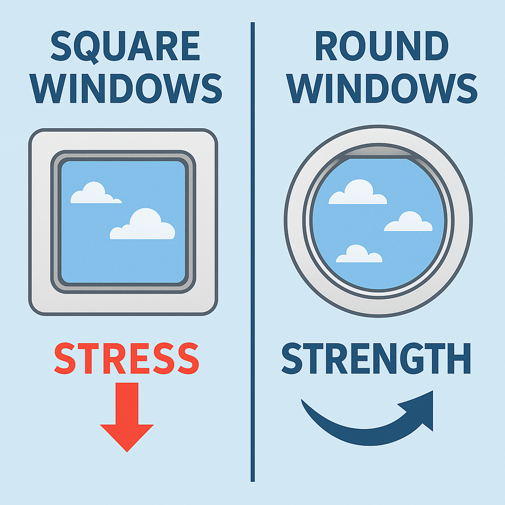 square vs round airplane windows infographic showing stress differences and safety design