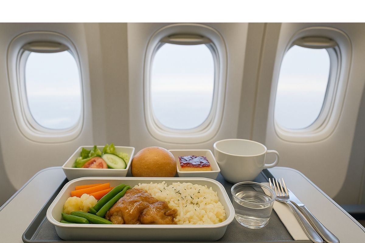 Airplane meal tray with chicken, rice, vegetables and salad on a plane table with windows in the background.